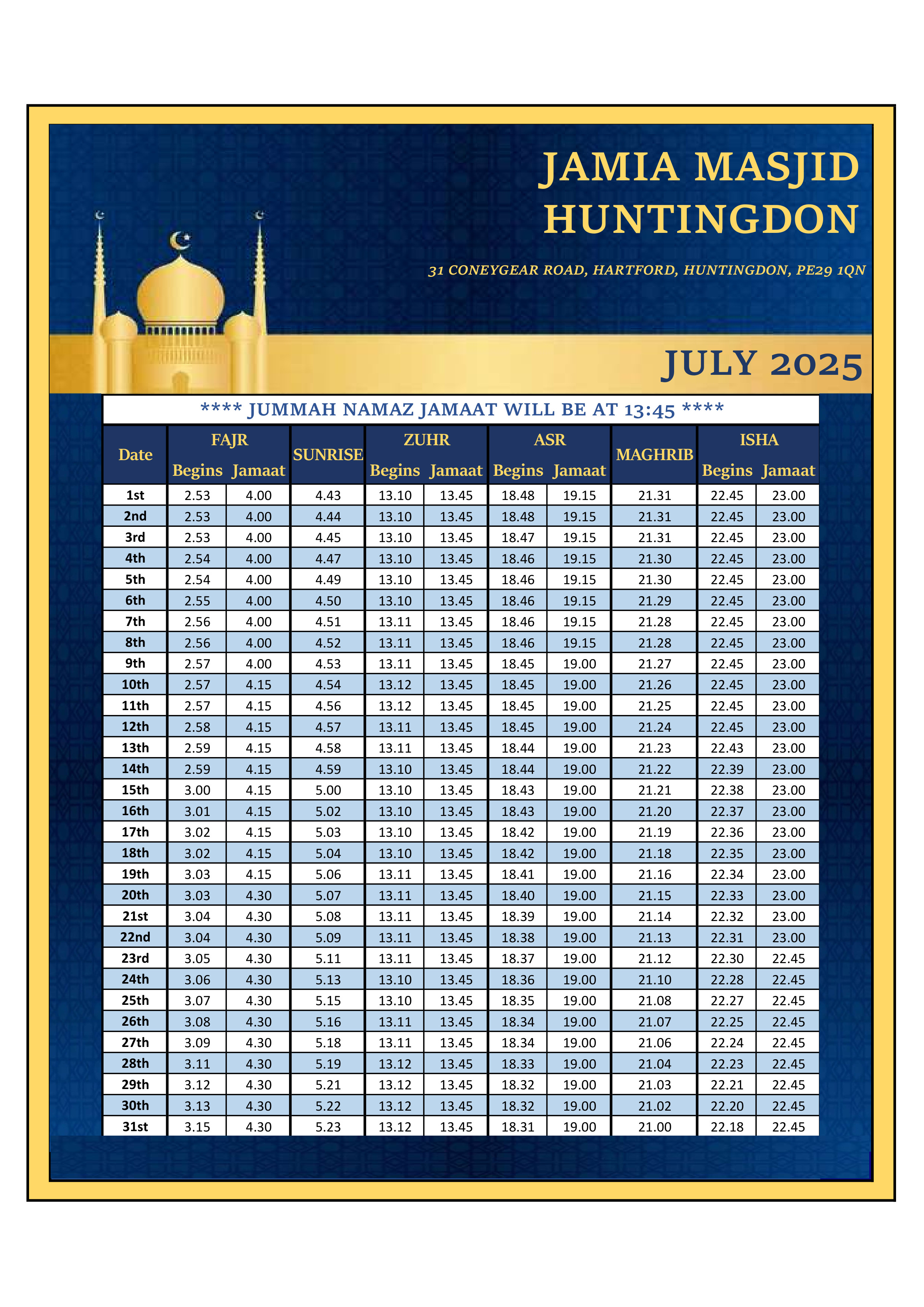 Prayer Timetable